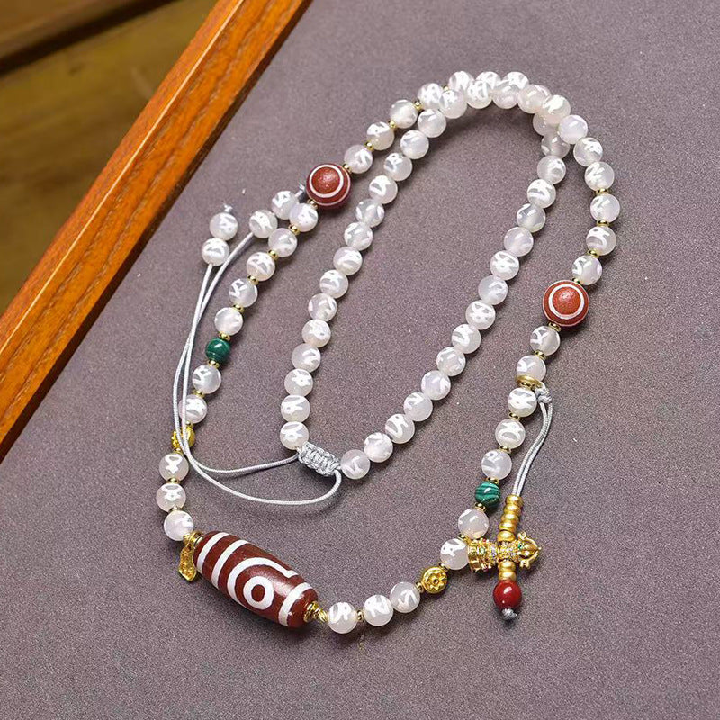 Authentic Two-Eye Dzi Bead Pendant Necklace in Natural Agate